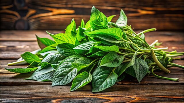 Fresh green Amaranth leaves, also known as Thotakura, scattered on a rustic wooden table, illuminated by warm natural