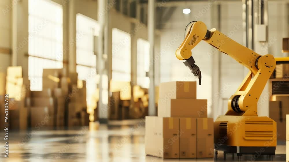Poster yellow robotic arm stacking boxes in a sunlit warehouse, symbolizing automation in logistics.