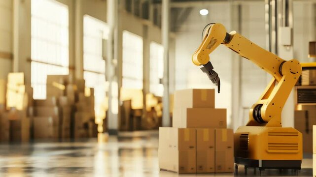 Yellow robotic arm stacking boxes in a sunlit warehouse, symbolizing automation in logistics.