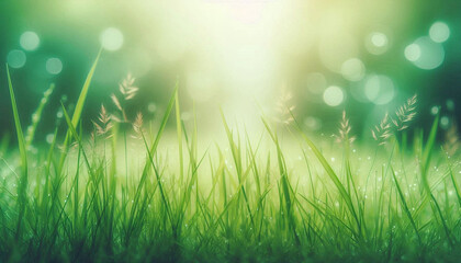 Fresh green grass front view in blur bokeh nature background in sunny summer day
