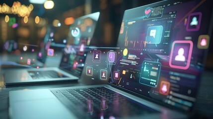 A close-up shot of a laptop with a bright, colorful interface on the screen, showcasing icons of a person, heart, and speech bubble. The background is blurry and features bokeh lights.