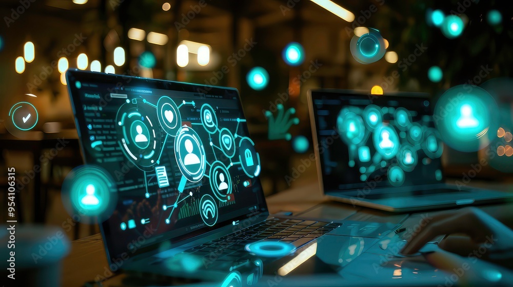 Poster close-up of a hand using a laptop with a digital interface showing network connections, security, an