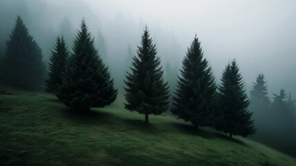 Fototapeta premium Foggy Green Pines in a Misty Forest