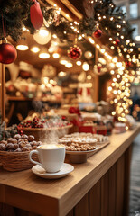 Christmas Market Stall with Steaming Hot Coffee and Sweets, Festive Lights