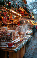 Christmas Market Stall with Steaming Hot Coffee and Sweets, Festive Lights