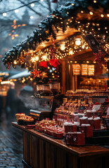 Christmas Market Stall with Steaming Hot Coffee and Sweets, Festive Lights