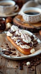 Fototapeta premium Eclairs with Chocolate and Vanilla Cream and a Hot Coffee in Food Photography