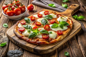 Freshly baked flatbread pizza topped with melted mozzarella cheese, ripe tomatoes, and fragrant fresh basil leaves,