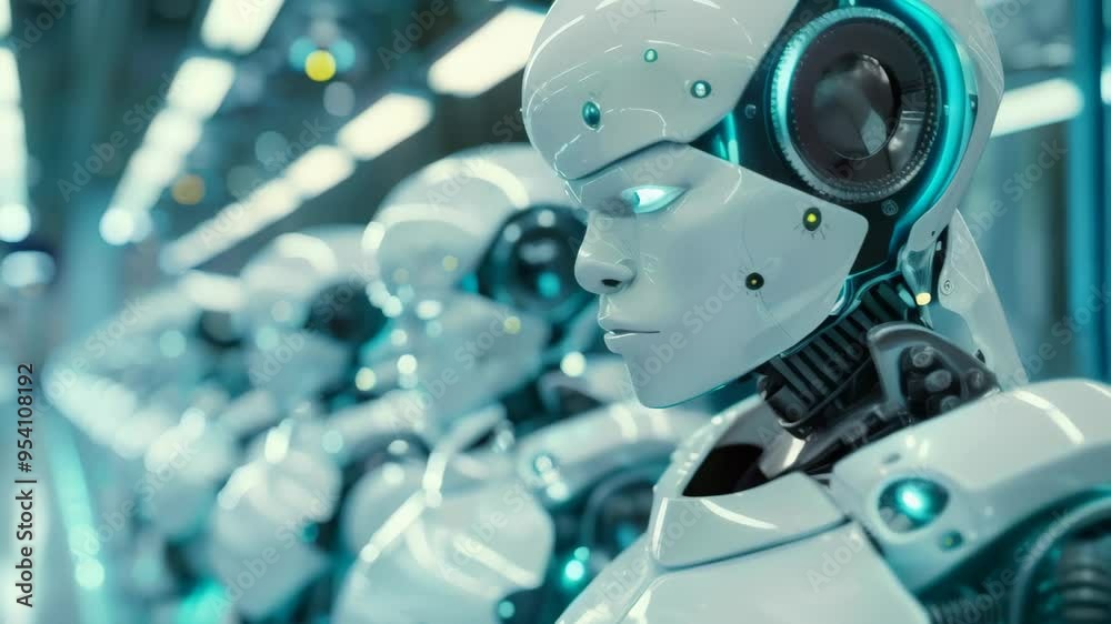 Poster Line of advanced humanoid robots in a futuristic factory setting. Concept of AI, robotics, and industrial automation.
