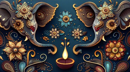 Fototapeta premium Intricate Diwali Artwork with Floral Patterns and Elephant Motifs in a Festive Indian Style