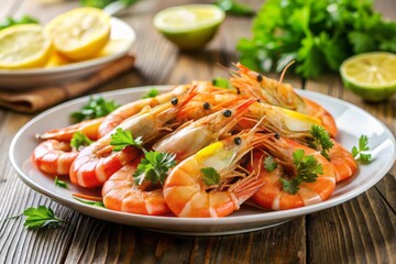 Freshly cooked medium-sized shrimp arranged on a white plate with a sprinkle of parsley and lemon wedges, against