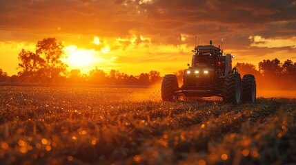Fototapeta premium Tractor spraying herbicide working on agricultural field in evening against sunset in countryside