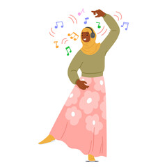 Joyful Muslim Woman Wearing Headphones, Dancing With A Smile On Her Face. Female Character Is Dressed In A Green Top