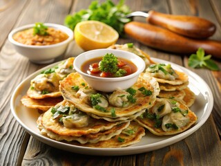 Freshly cooked oyster pancakes, crispy on the outside and soft on the inside, served on a white plate with a side of savory sauce.