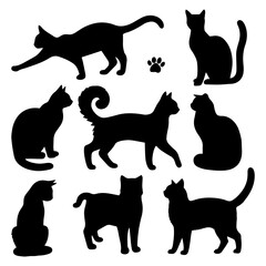 Vector illustration. Silhouettes of black cats. Set of animal stickers. Large set.	
