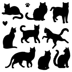 Vector illustration. Silhouettes of black cats. Set of animal stickers. Large set.	
