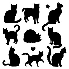 Vector illustration. Silhouettes of black cats. Set of animal stickers. Large set.	
