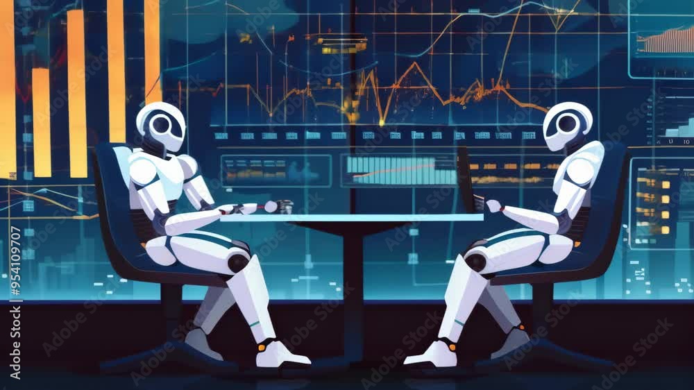 Poster Two humanoid robots sitting at a table in a futuristic control room. Represents AI and technology.