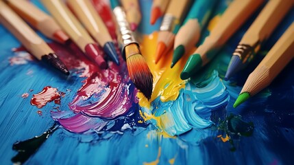 Obraz premium A Closeup of Paintbrushes and Colored Pencils on a Palette