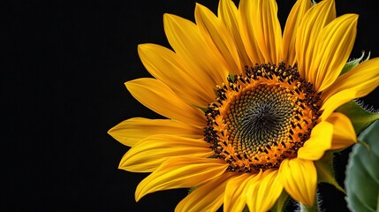 Obraz premium A close-up of a sunflower on a black background with the sun's center within the flower
