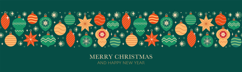  Christmas seamless decorative border with red, gold and green various vintage tree ornaments on dark green background.