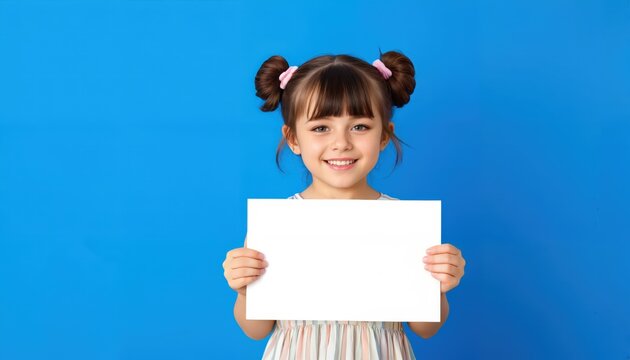 A young girl poses cheerfully, holding a blank sign in front of her against a bright blue background