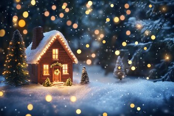 Fototapeta premium Cozy snow-covered cabin in festive christmas winter wonderland with twinkling lights