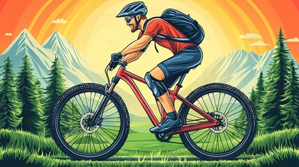 Fototapeta premium A man rides a bike on a green field beside tall pines in a forest