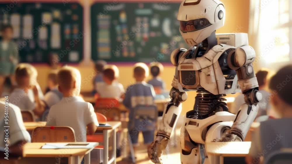 Poster robot teacher assisting children in a classroom, demonstrating the future of ai in education. repres