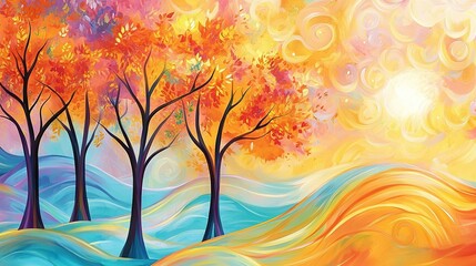   A trio of trees atop a hill with a vibrant sky above and oceanic waves nearby