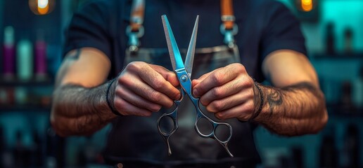 Using scissors, the barber thins and cuts the hair.