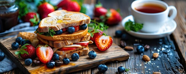 Fototapeta premium Cozy breakfast setup with a fresh sandwich, steaming coffee, and warm lighting on a rustic wooden table.
