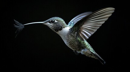 Fototapeta premium A hummingbird gracefully glides in mid-air, wings fully spread and beak pointed downward