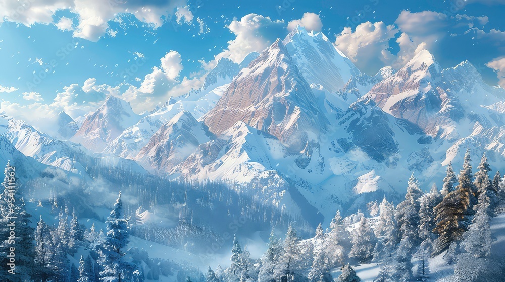 Wall mural A snowy mountain range with a clear blue sky and fluffy white clouds.