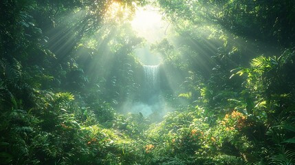 Obraz premium Lush green forest with numerous trees & waterfall in center, illuminated by beams of sunlight from tall tree tops