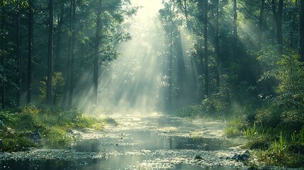 Obraz premium A luminous stream in a dense forest, bathed in sunbeams, with vibrant lily pads gracing its foreground