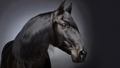 A realistic horse head model with detailed black fur texture, facing the camera and well lit, against a dark grey background.