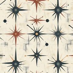 Seamless mid-century modern starburst pattern with geometric shapes in red, black, and beige tones on textured background