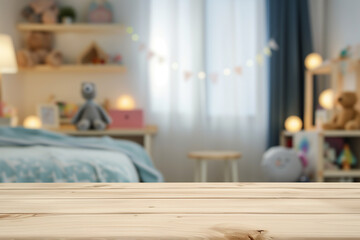Empty wooden table, desk or shelf with blurred view of modern children bedroom