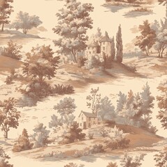 Seamless vintage toile pattern with countryside landscapes in sepia and beige tones on cream background