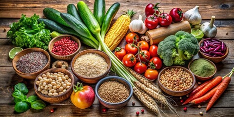 Fototapeta premium Fresh, seasonal vegetables and whole grains arranged artfully on a rustic wooden table, evoking a sense of wholesome,