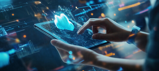 A person interacting with a digital tablet, with a glowing cloud icon and various holographic data elements floating above the screen, symbolizing cloud storage computing or digital technology