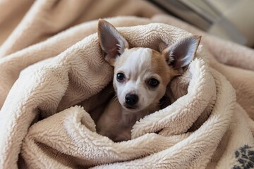 Chihuahua puppy snuggles with blanket, finding comfort and relaxation