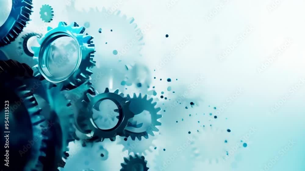 Poster abstract close-up of blue gears with a high-tech digital background. concept of machinery, engineeri