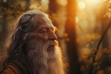 Fototapeta premium An elderly man stands serenely in a lush forest, bathed in warm sunlight, as he closes his eyes and contemplates life's mysteries during the golden hour