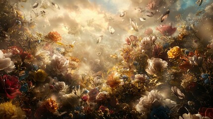   A field full of vibrant flowers surrounded by soaring birds