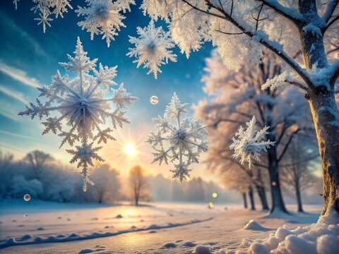 Frozen fractal crystals suspended in icy mist, ethereal winter landscape with delicate snowflakes and frosty trees,