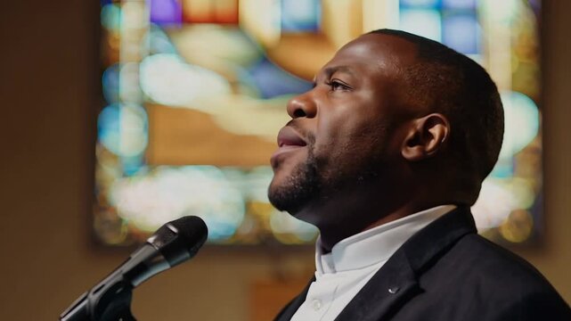 African American pastor preaching at church 