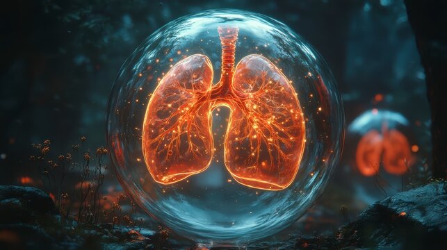 Holographic lungs in a glass sphere on a blue background. The medical concept of health protection