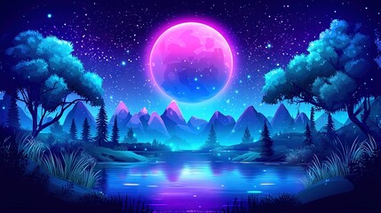 Obraz premium A serene night landscape featuring majestic mountains, lush forests, tranquil lake, and a glowing full moon amidst twinkling stars above